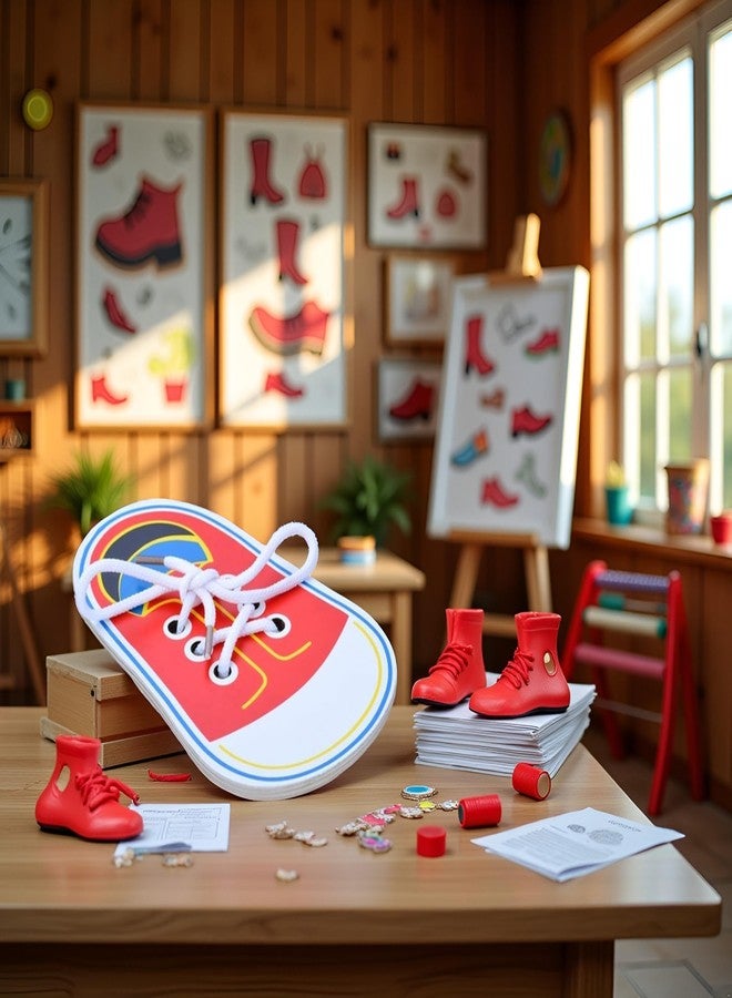 Labriciyon 1Pc Red Shoes Learning Decor Kits,Learn to Tie Your Own Shoes,Practical Learning Decor for Person,Training Board Early Wooden Threading Lacing Craft Kits,Drawing Kits,Arts and Crafts - Image 2